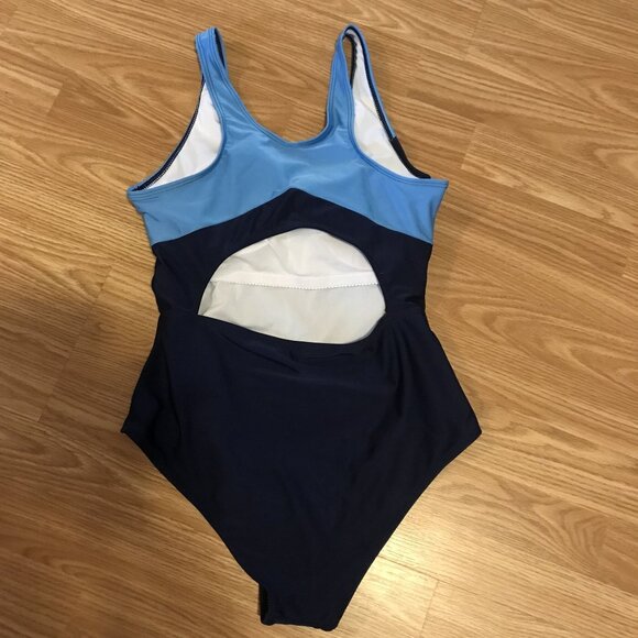 One Piece Swimsuit Blue & Navy Color Block Size L NWOT Retro Bathing Suit - Picture 2 of 8
